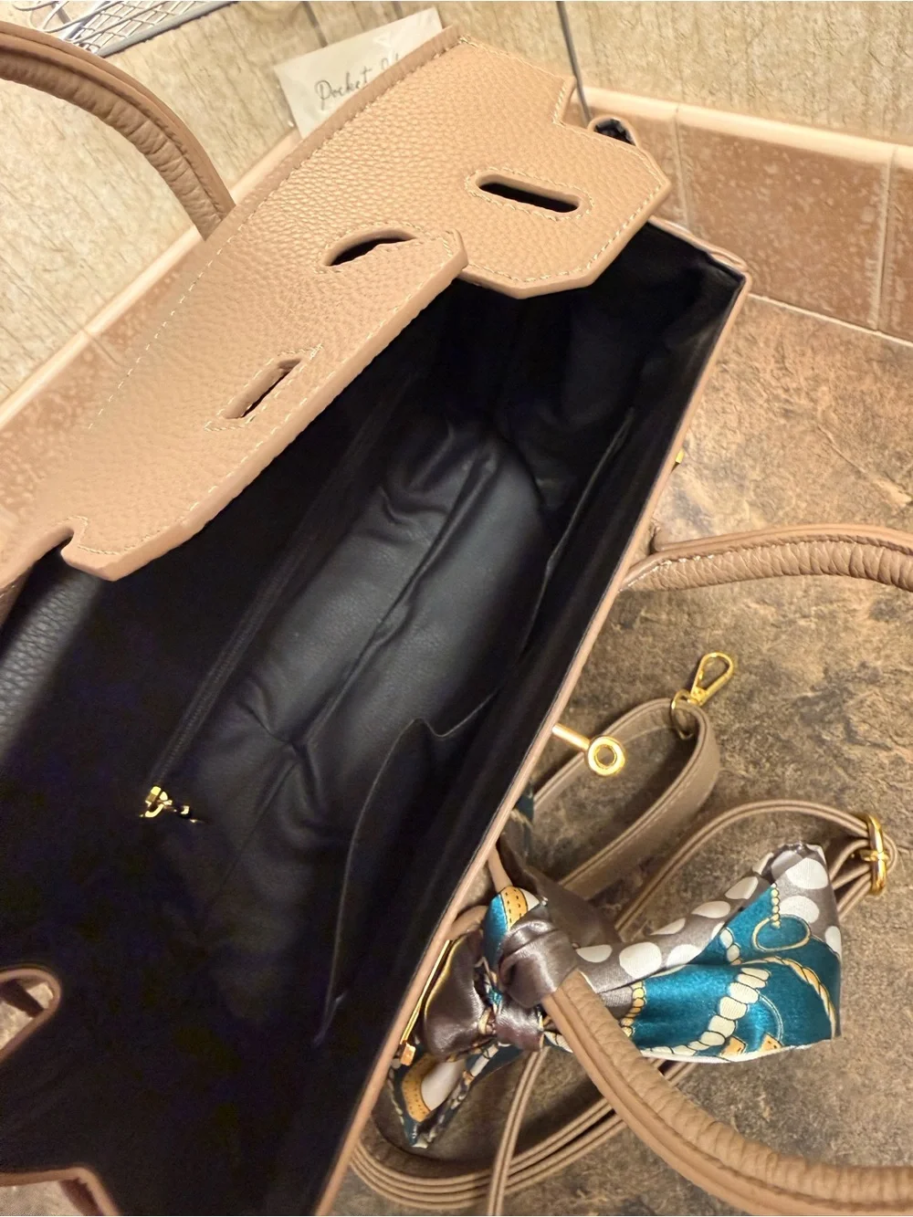 Taupe Structured Top-Handle Tote with Gold Hardware
